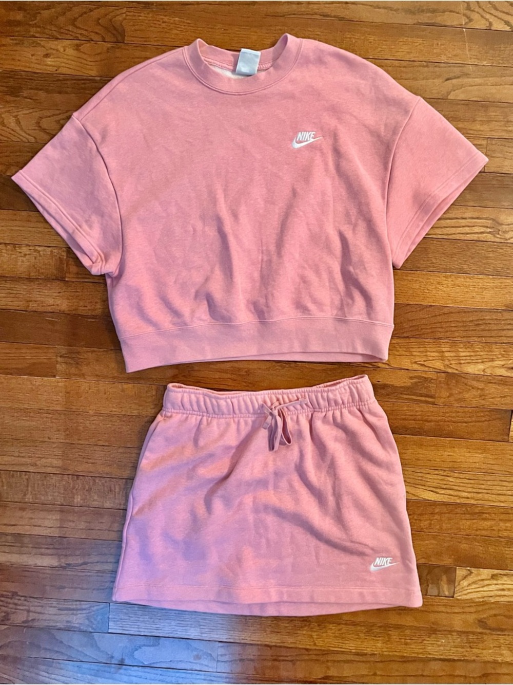 Nike Pink Two-Piece Cropped Sweatshirt and Drawstring Skirt Set